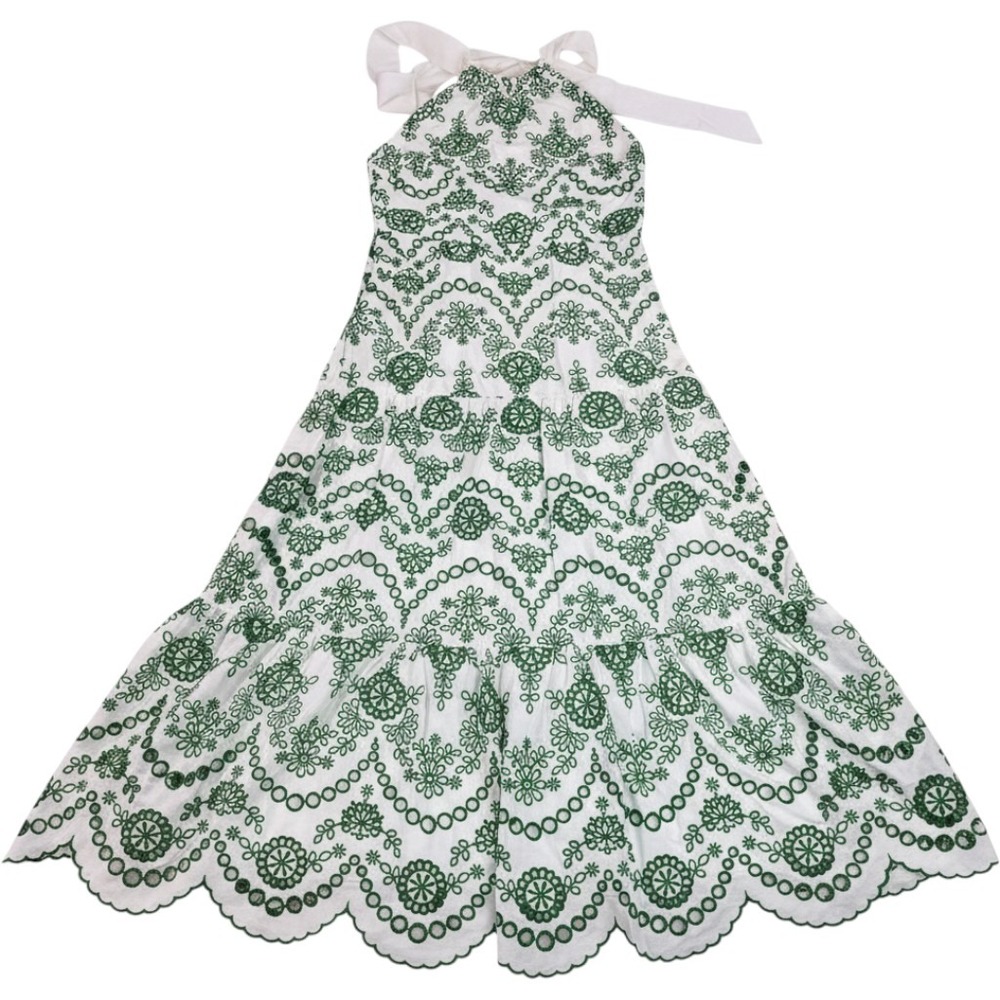 Milly Hayden Scallop Eyelet Dress White Green Halter Maxi Tiered Size 10 T71D47